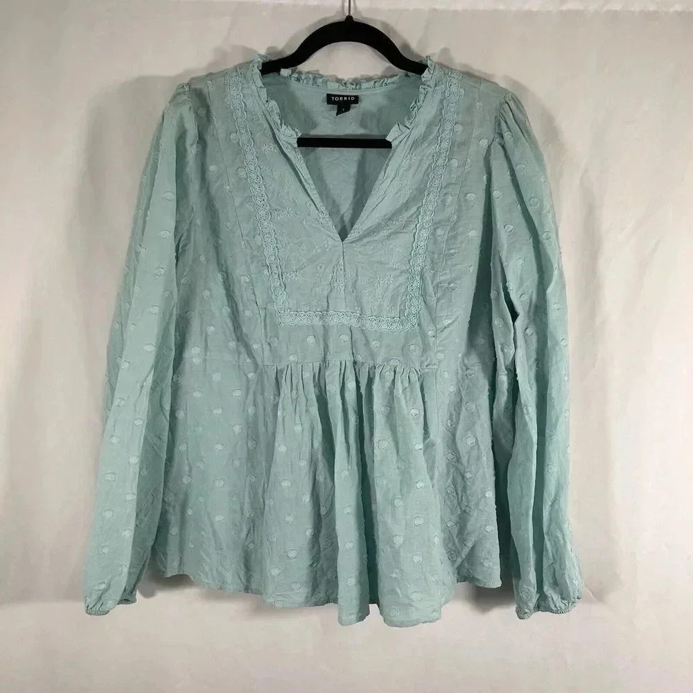 Torrid Blouse Women's 1 1X Blue Vneck Long Sleeve Frill Neckline 100% Cotton